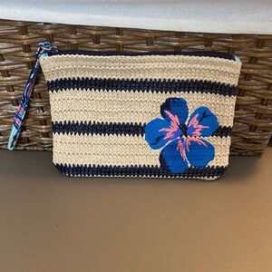 Vera Bradley Striped Straw Wristlet Pouch with Blue Floral Accent